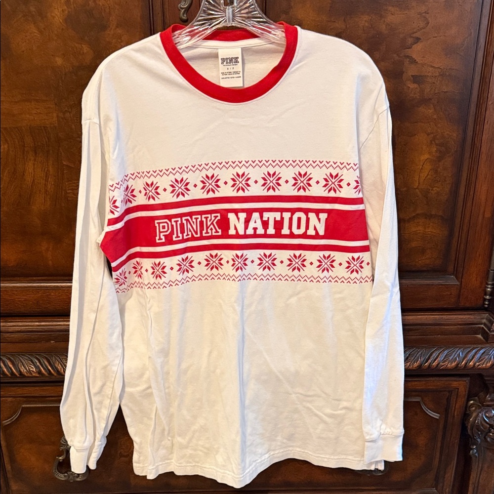 PINK Victoria's Secret White and Red Long Sleeve Top